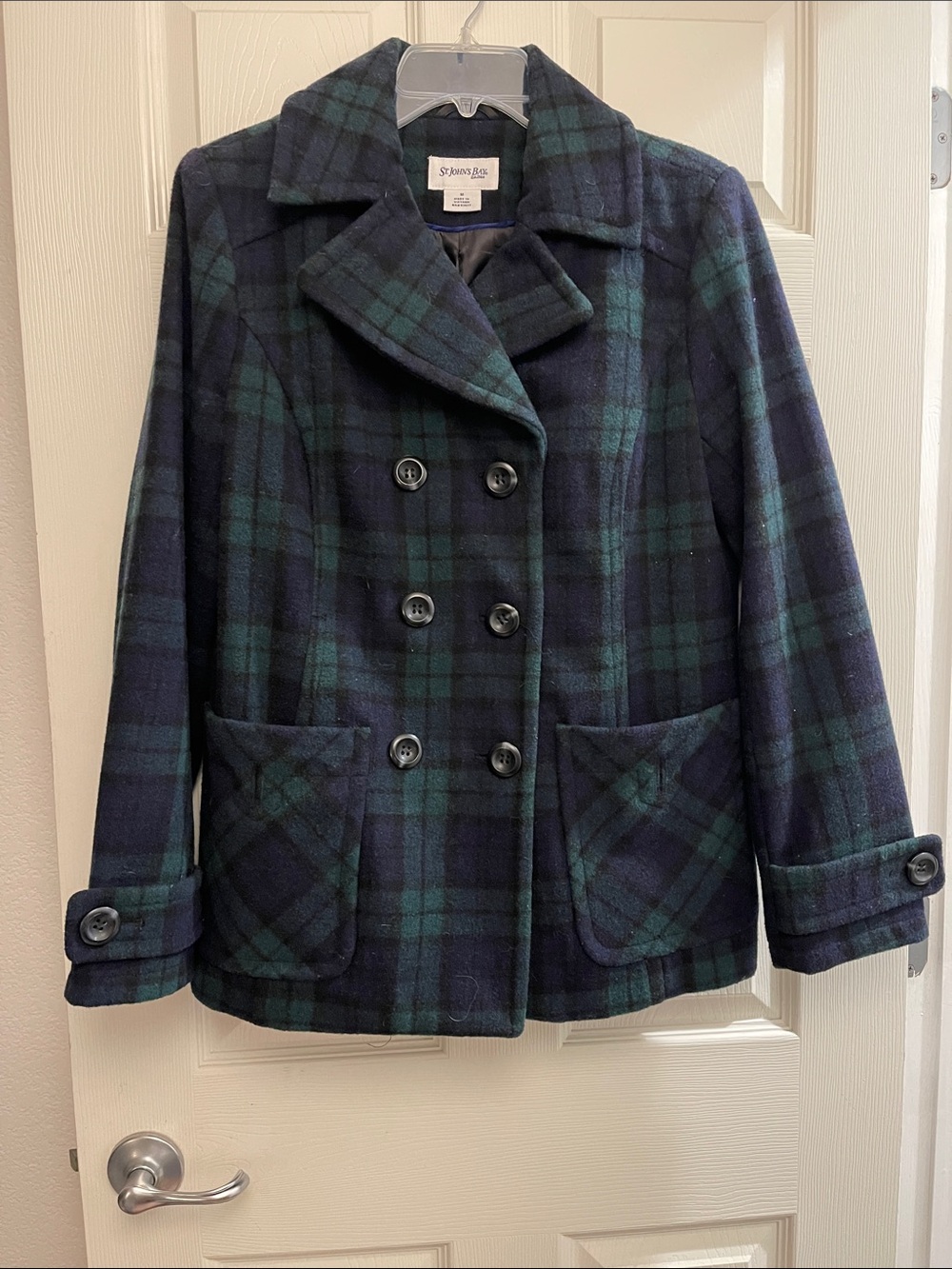 St. John's Bay Navy and Green Plaid Double-Breasted Peacoat